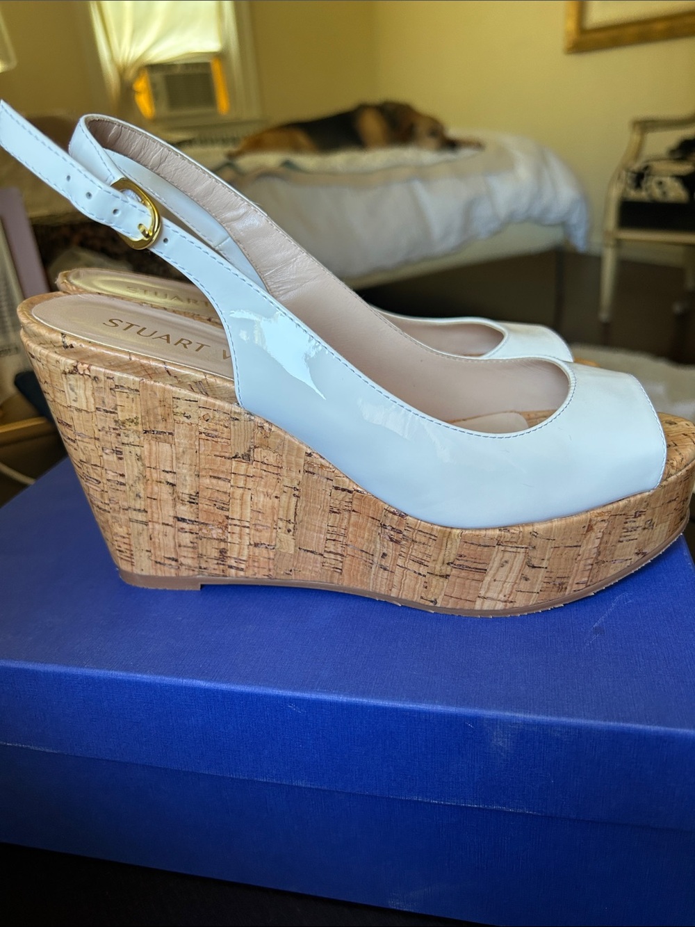 Stuart Weitzman White Patent Slingback Coated Cork Wedge - Picture 3 of 9